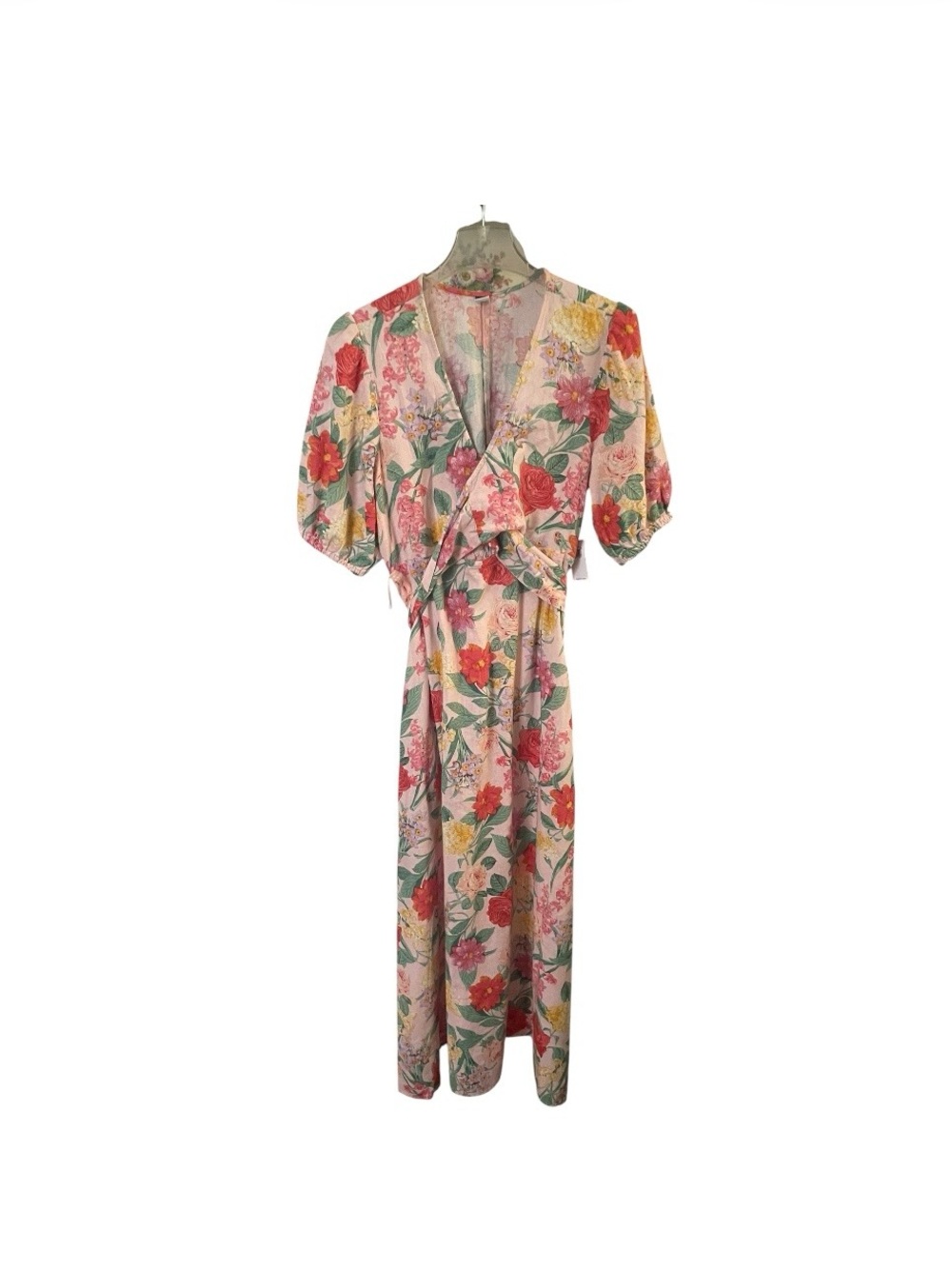 NWT Old Navy Pink Wrap Maxi Dress with Puff Sleeves